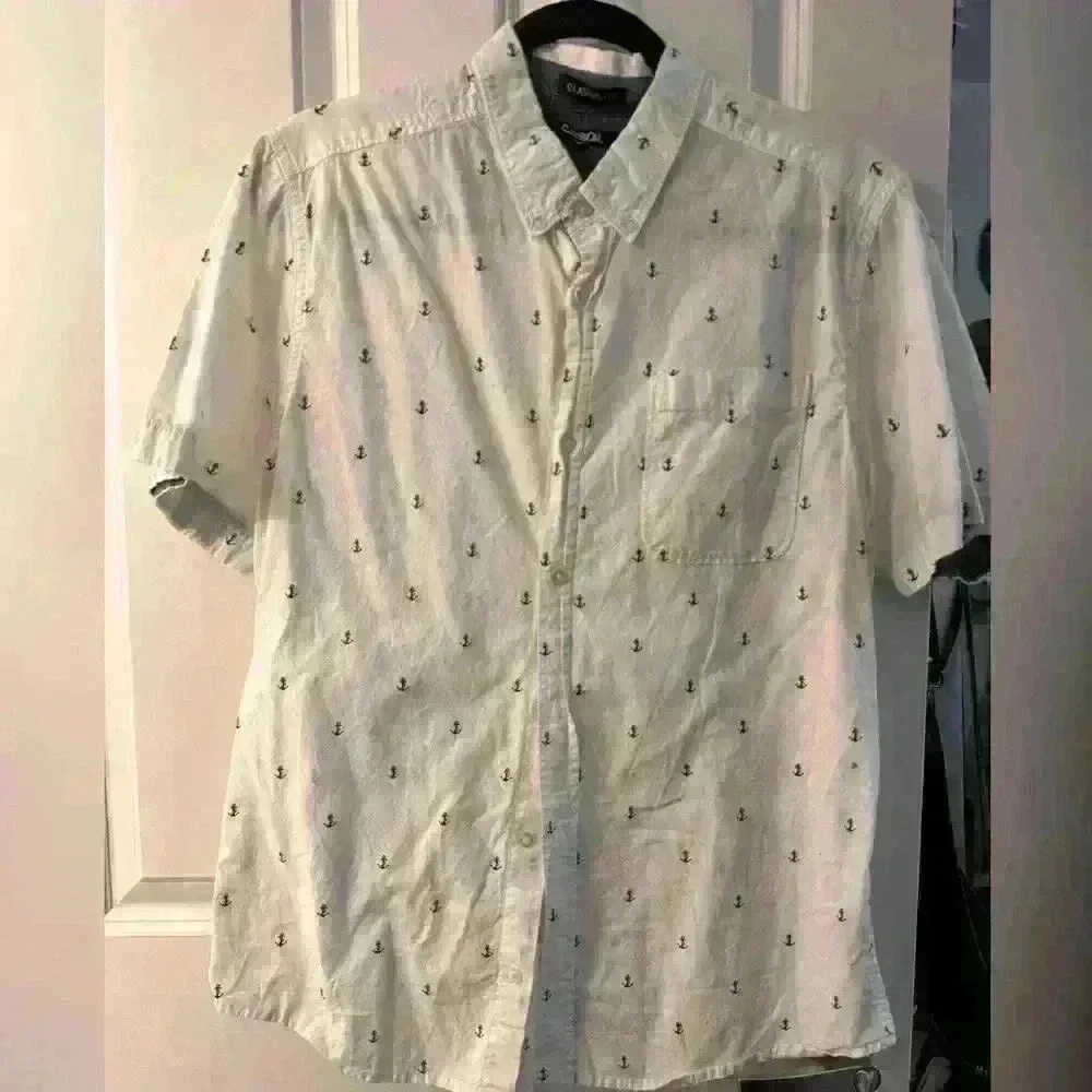 Nautical Anchor Button Up Dress Casual Carbon Shirt